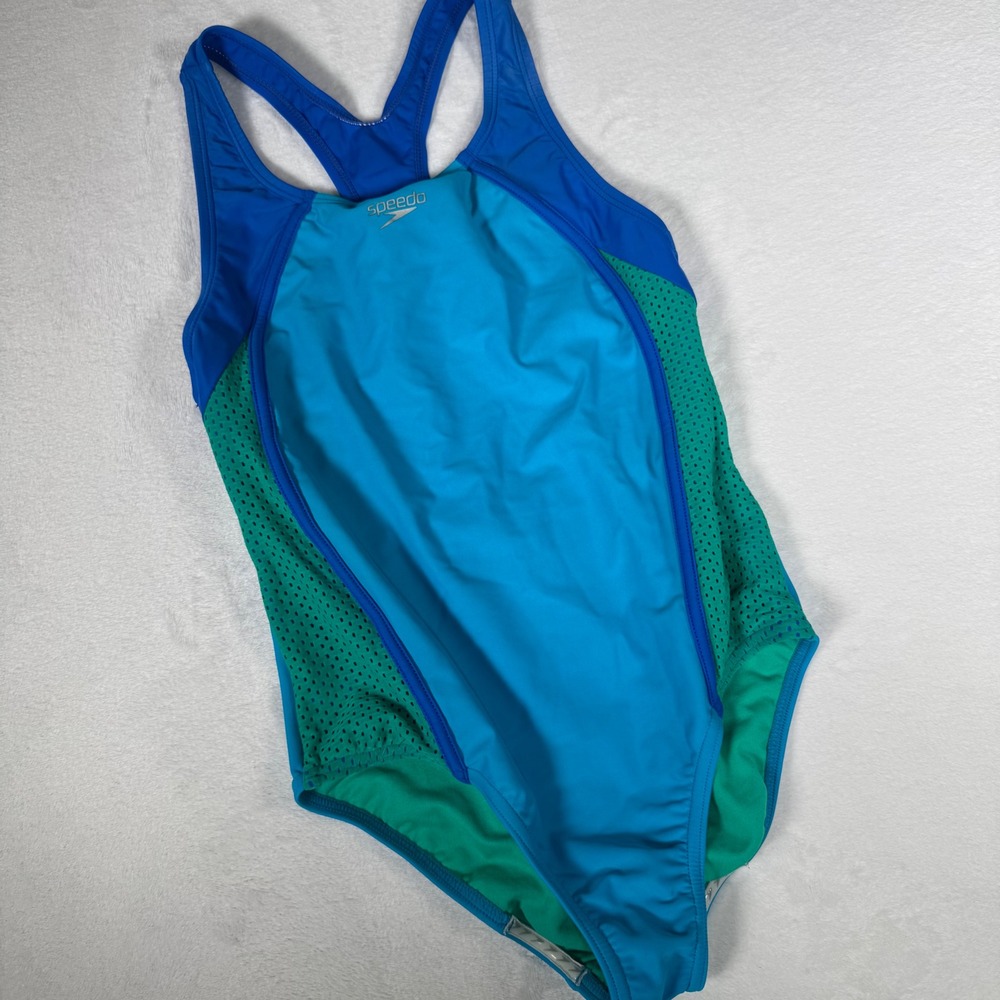 Speedo Girls Swimsuit Size 14 Blue Green Athletic‎ One Piece Training Racerback